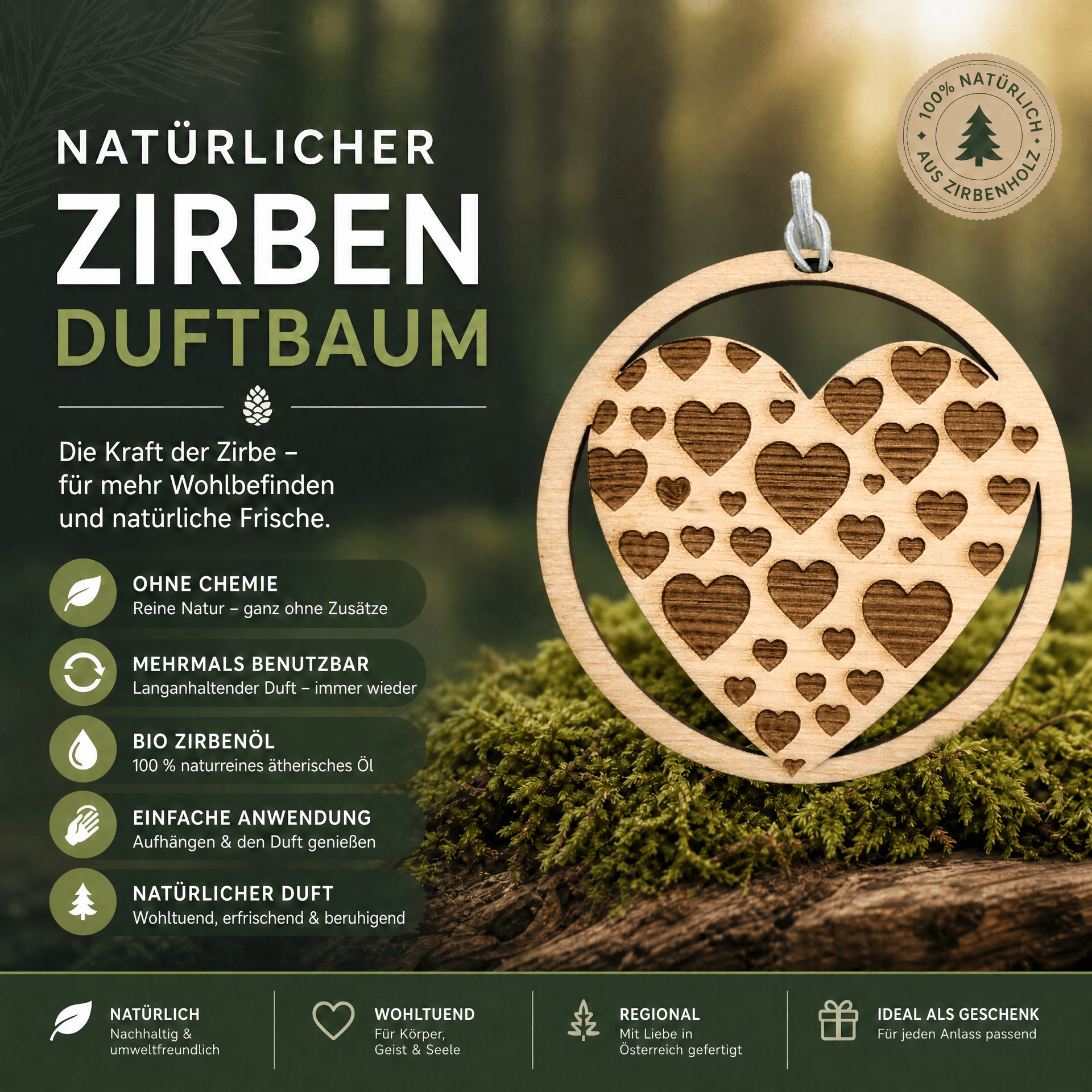 Alpenduft Zirben Duftbaum "HERZ", Lufterfrischer inkl. 5ml Bio Zirbenspray - Wunderkraft naturals