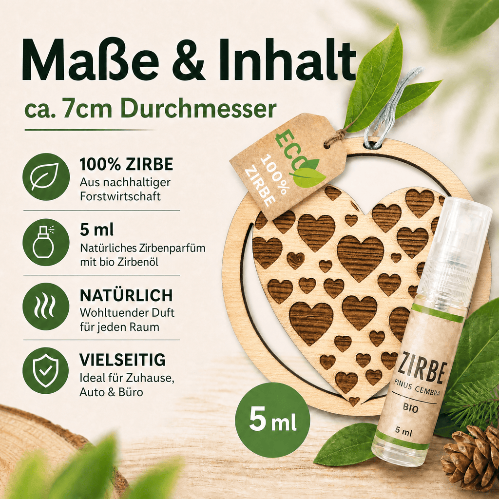 Alpenduft Zirben Duftbaum "HERZ", Lufterfrischer inkl. 5ml Bio Zirbenspray - Wunderkraft naturals