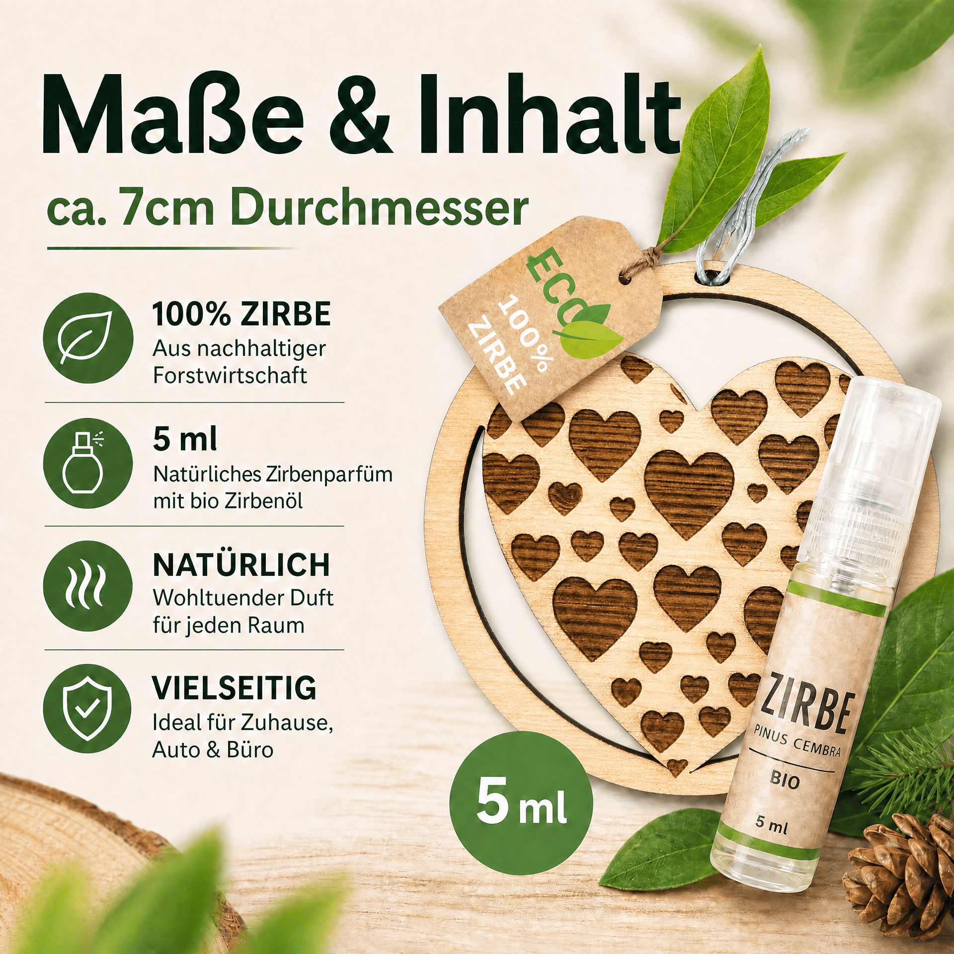 Alpenduft Zirben Duftbaum "HERZ", Lufterfrischer inkl. 5ml Bio Zirbenspray - Wunderkraft naturals