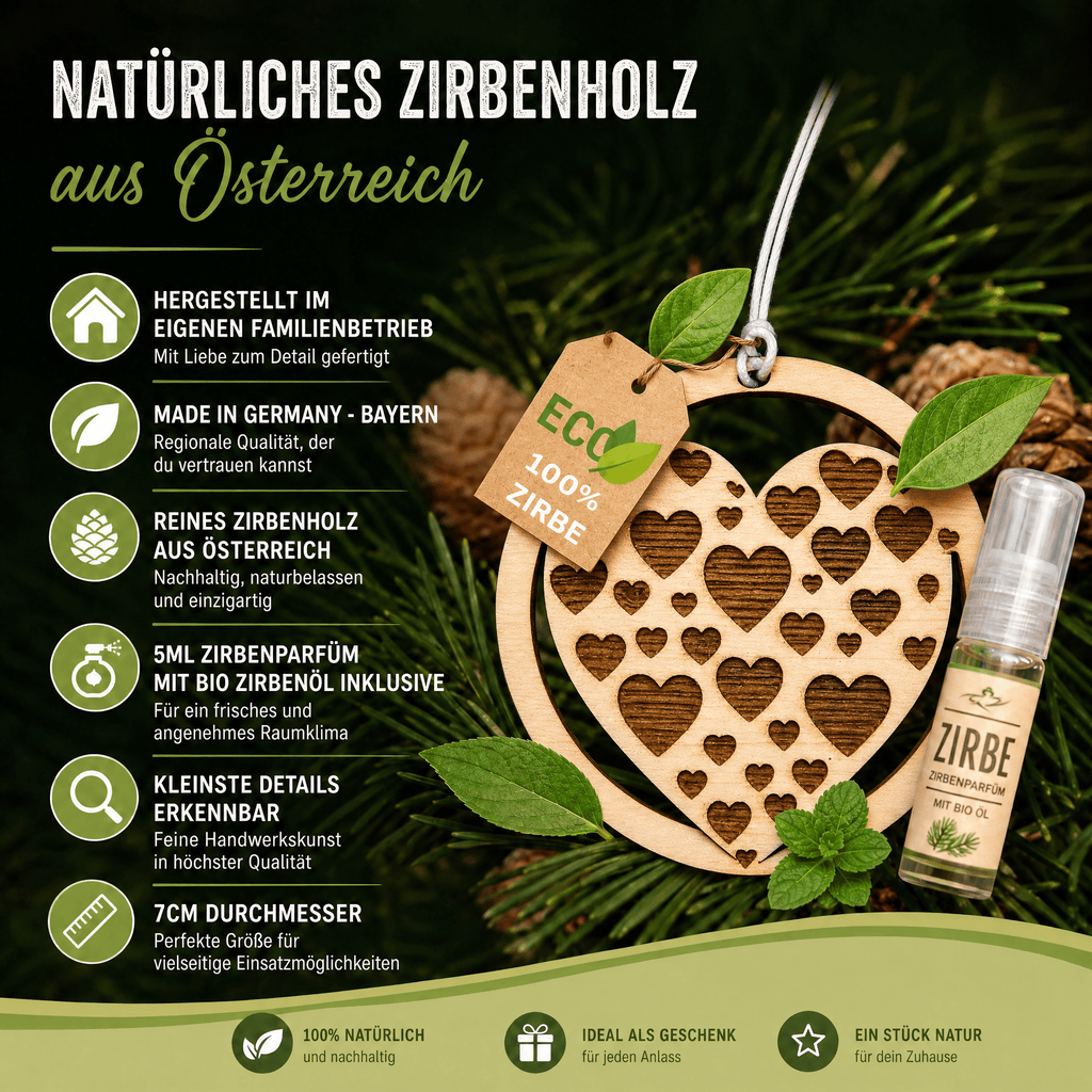 Alpenduft Zirben Duftbaum "HERZ", Lufterfrischer inkl. 5ml Bio Zirbenspray - Wunderkraft naturals