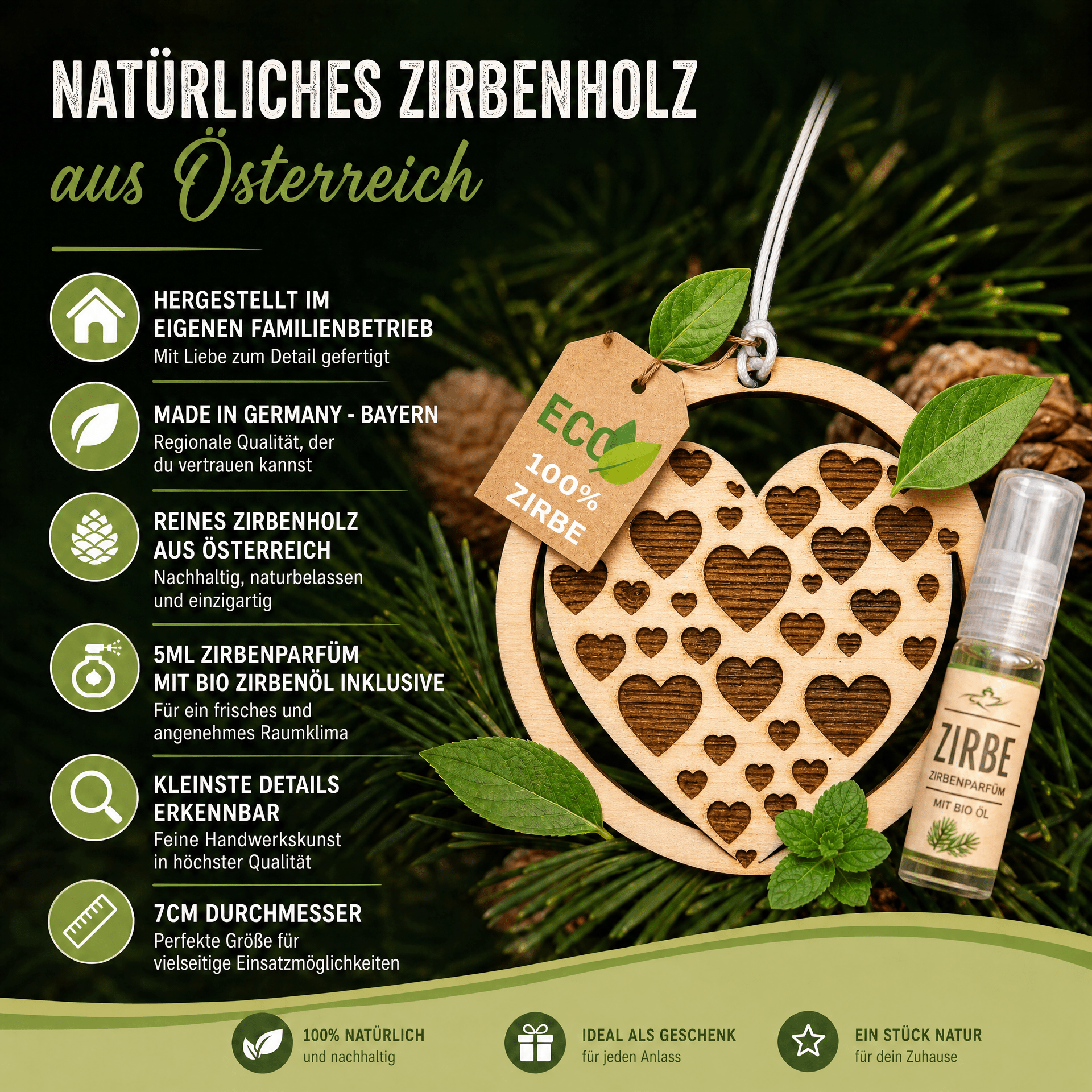 Alpenduft Zirben Duftbaum "HERZ", Lufterfrischer inkl. 5ml Bio Zirbenspray - Wunderkraft naturals