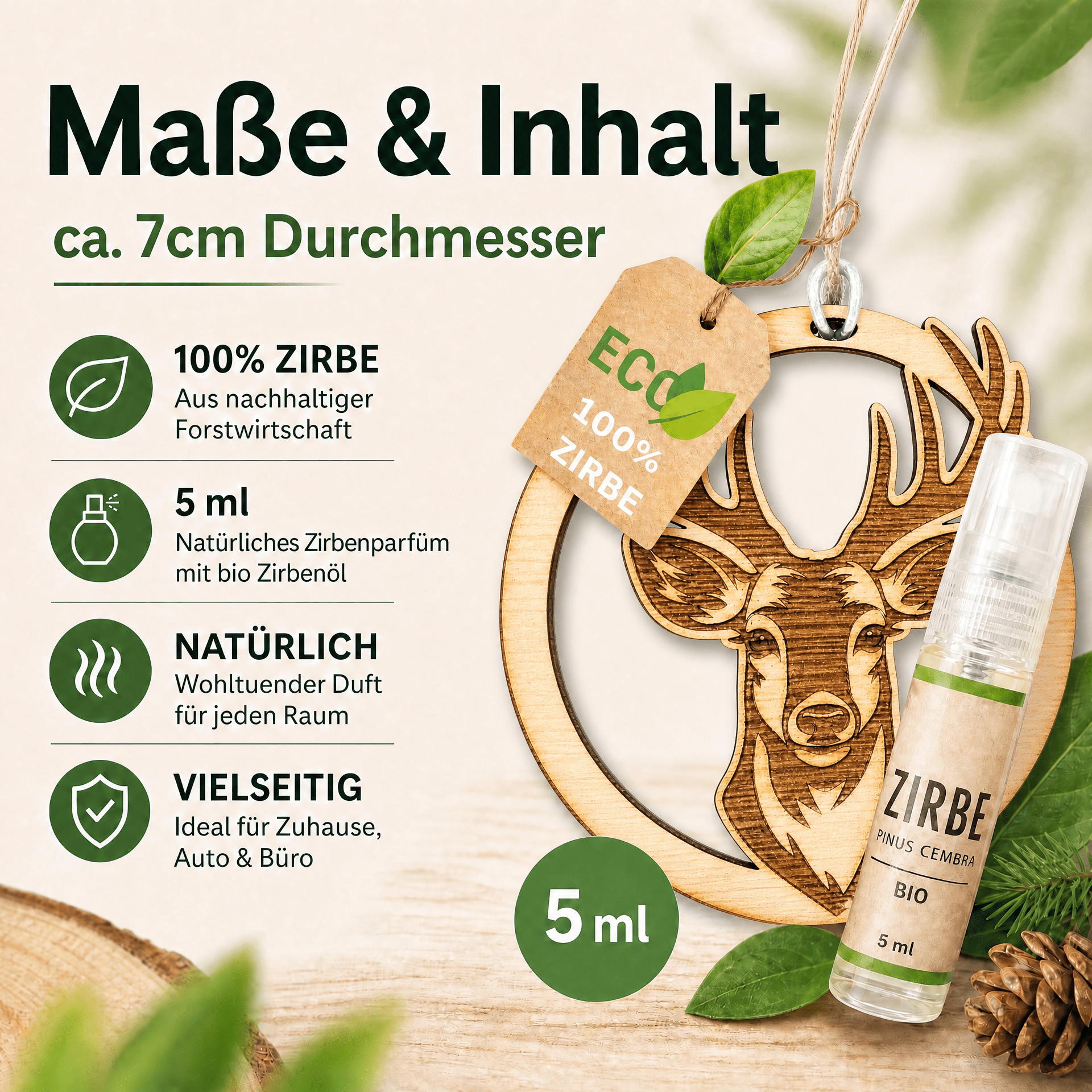 Alpenduft Zirben Duftbaum "HIRSCH", Lufterfrischer inkl. 5ml Bio Zirbenspray - Wunderkraft naturals