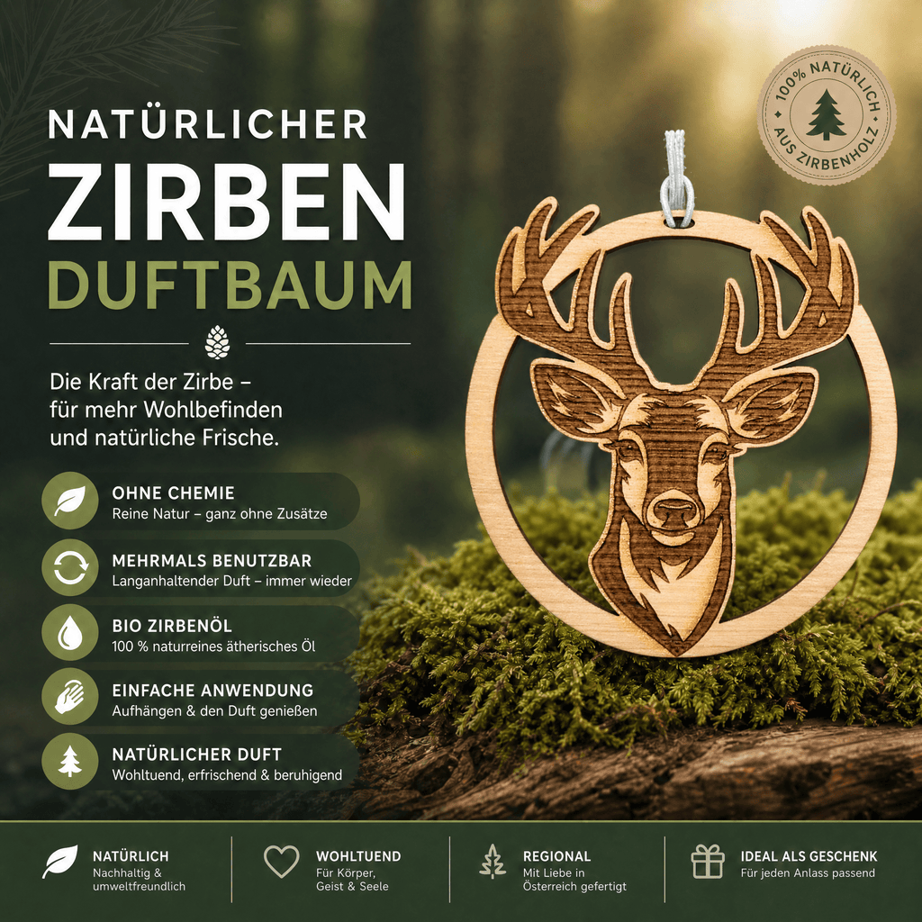 Alpenduft Zirben Duftbaum "HIRSCH", Lufterfrischer inkl. 5ml Bio Zirbenspray - Wunderkraft naturals