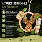 Alpenduft Zirben Duftbaum "HIRSCH", Lufterfrischer inkl. 5ml Bio Zirbenspray - Wunderkraft naturals