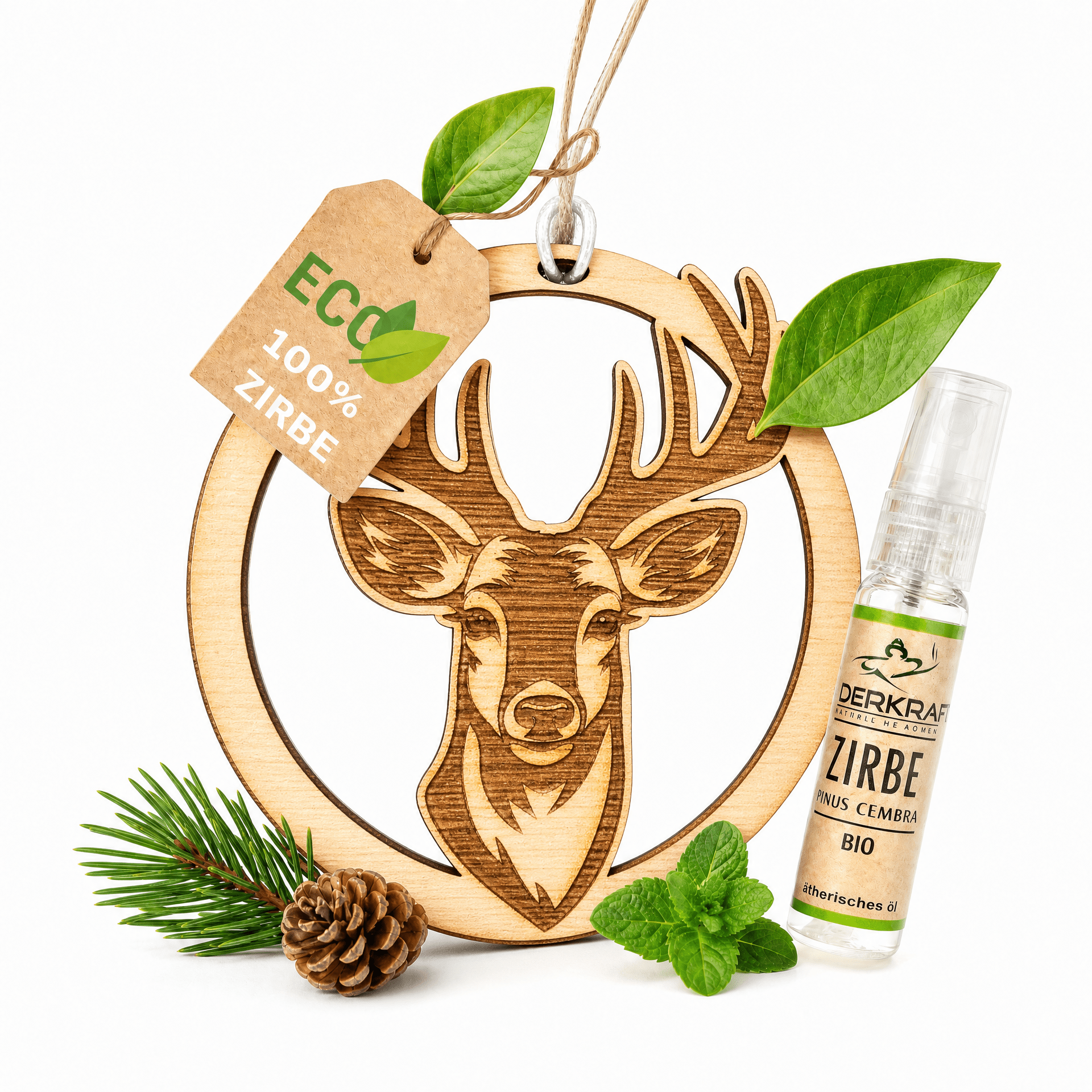 Alpenduft Zirben Duftbaum "HIRSCH", Lufterfrischer inkl. 5ml Bio Zirbenspray - Wunderkraft naturals