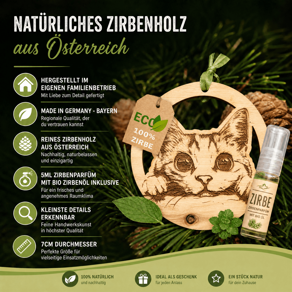 Alpenduft Zirben Duftbaum "KATZE", Lufterfrischer inkl. 5ml Bio Zirbenspray - Wunderkraft naturals