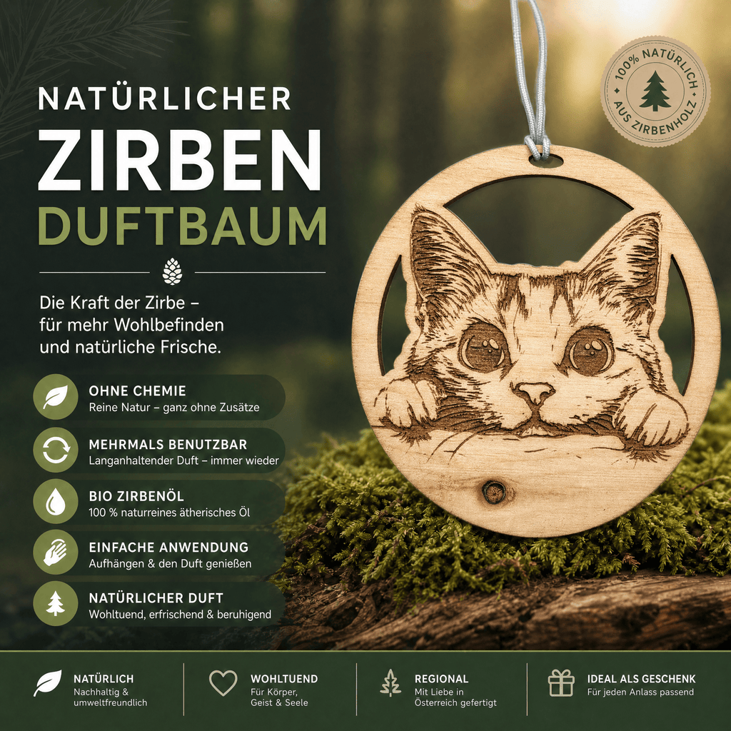 Alpenduft Zirben Duftbaum "KATZE", Lufterfrischer inkl. 5ml Bio Zirbenspray - Wunderkraft naturals