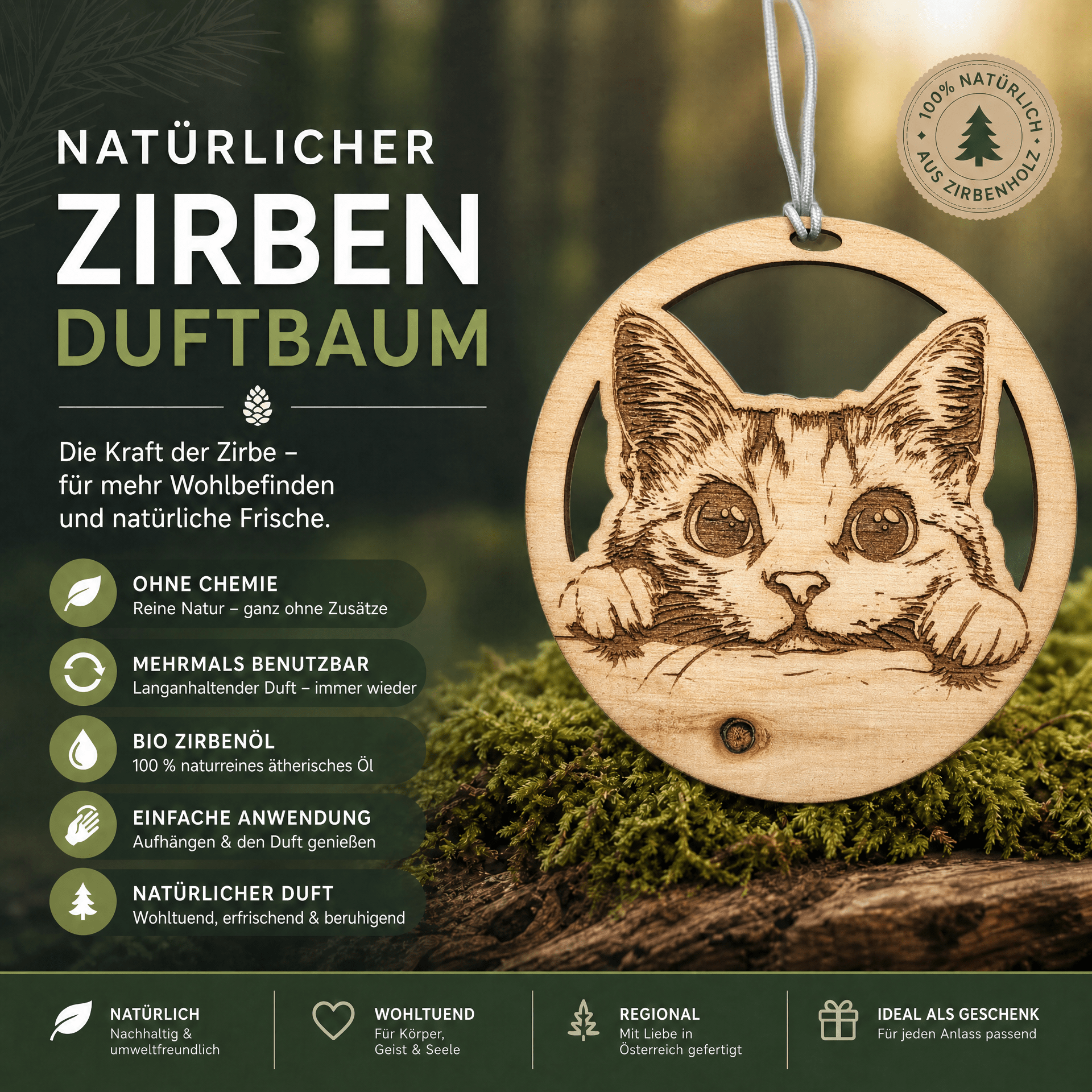 Alpenduft Zirben Duftbaum "KATZE", Lufterfrischer inkl. 5ml Bio Zirbenspray - Wunderkraft naturals