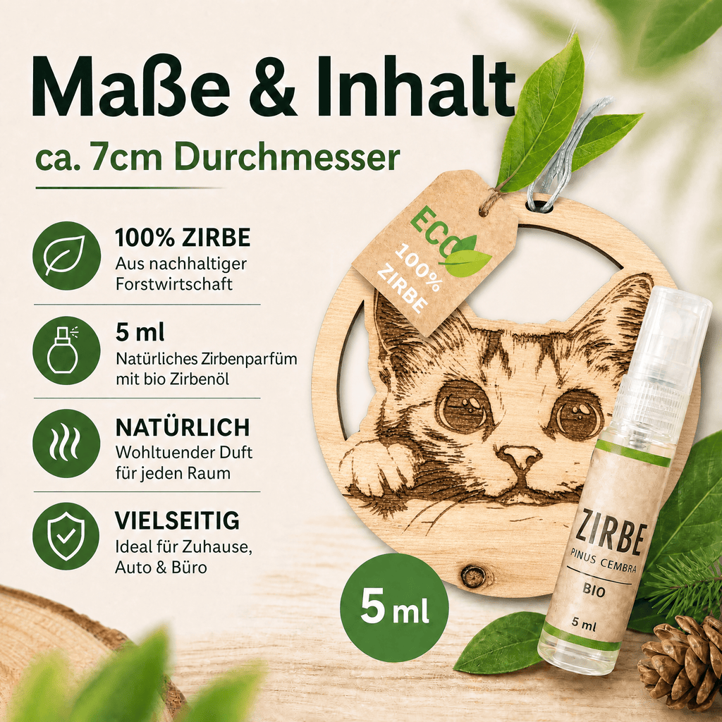 Alpenduft Zirben Duftbaum "KATZE", Lufterfrischer inkl. 5ml Bio Zirbenspray - Wunderkraft naturals