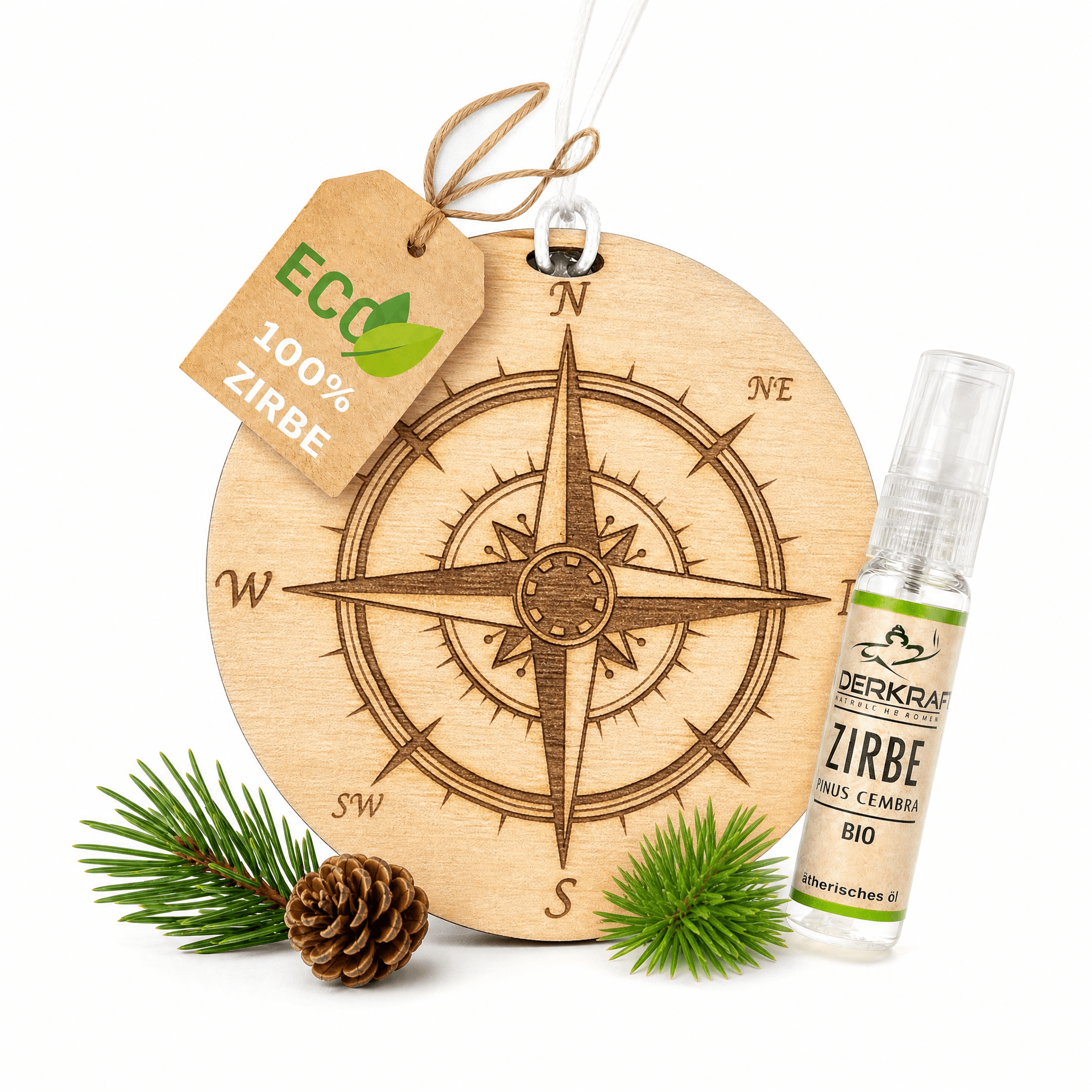 Alpenduft Zirben Duftbaum "KOMPASS", Lufterfrischer inkl. 5ml Bio Zirbenspray - Wunderkraft naturals