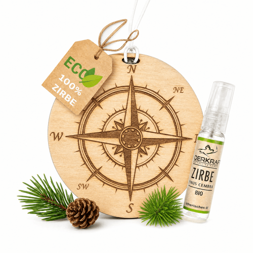 Alpenduft Zirben Duftbaum "KOMPASS", Lufterfrischer inkl. 5ml Bio Zirbenspray - Wunderkraft naturals