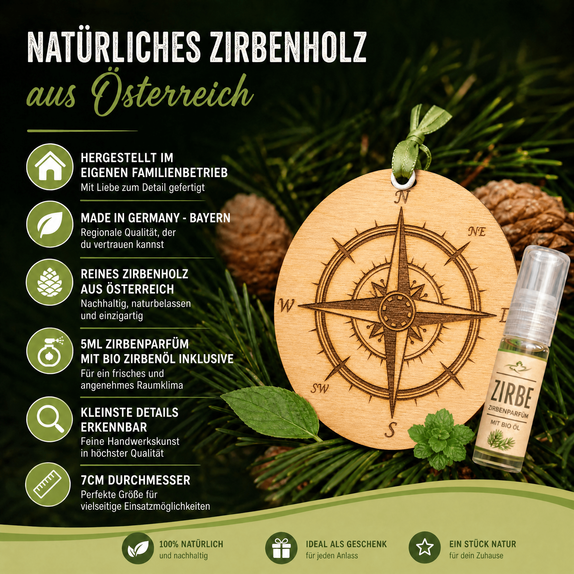 Alpenduft Zirben Duftbaum "KOMPASS", Lufterfrischer inkl. 5ml Bio Zirbenspray - Wunderkraft naturals