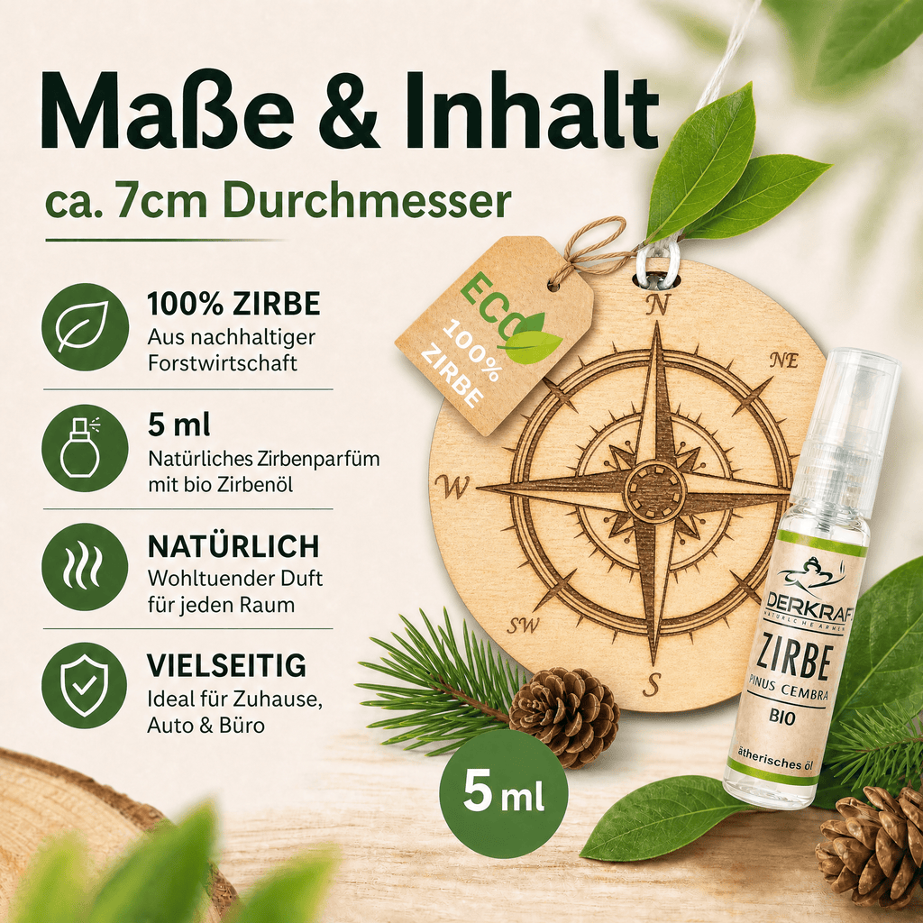 Alpenduft Zirben Duftbaum "KOMPASS", Lufterfrischer inkl. 5ml Bio Zirbenspray - Wunderkraft naturals
