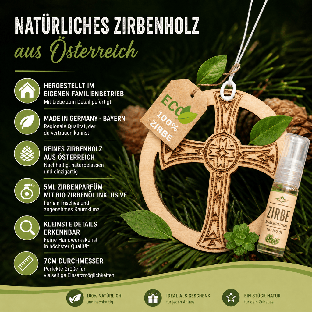 Alpenduft Zirben Duftbaum "KREUZ", Lufterfrischer inkl. 5ml Bio Zirbenspray - Wunderkraft naturals