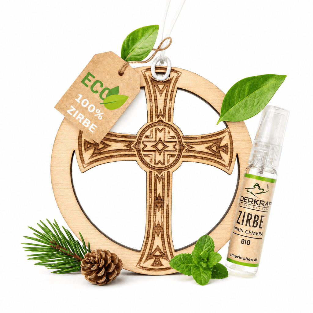 Alpenduft Zirben Duftbaum "KREUZ", Lufterfrischer inkl. 5ml Bio Zirbenspray - Wunderkraft naturals