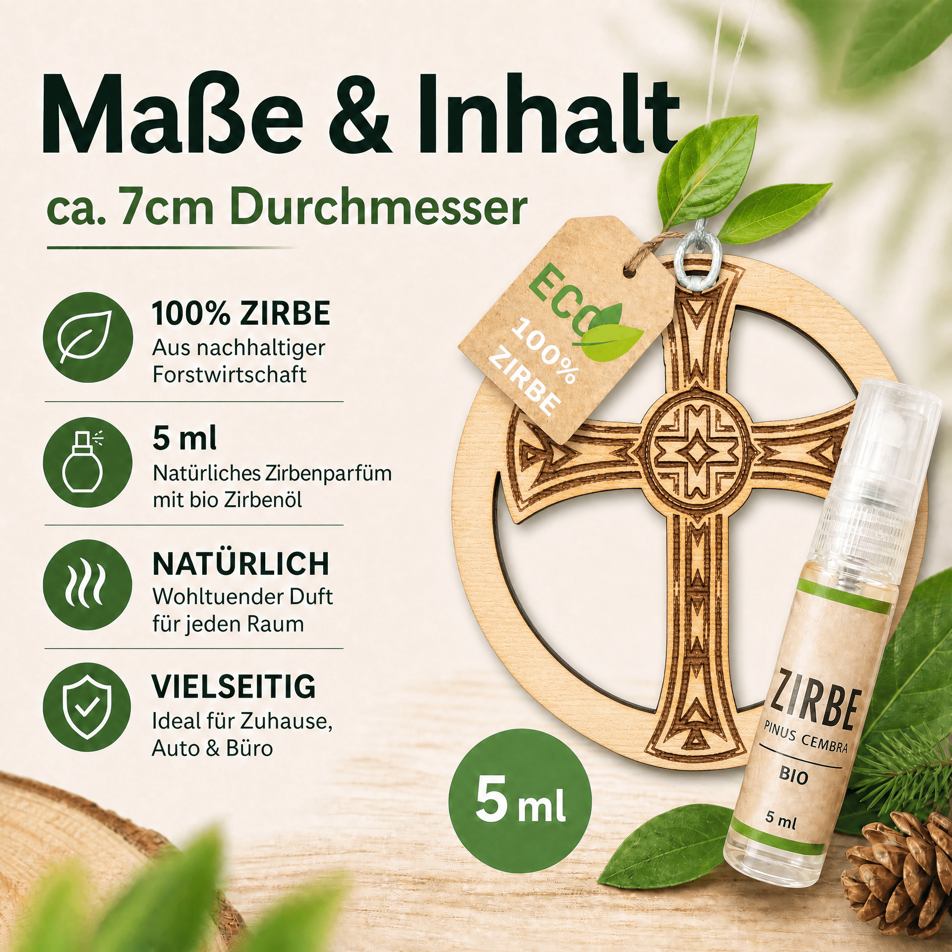 Alpenduft Zirben Duftbaum "KREUZ", Lufterfrischer inkl. 5ml Bio Zirbenspray - Wunderkraft naturals