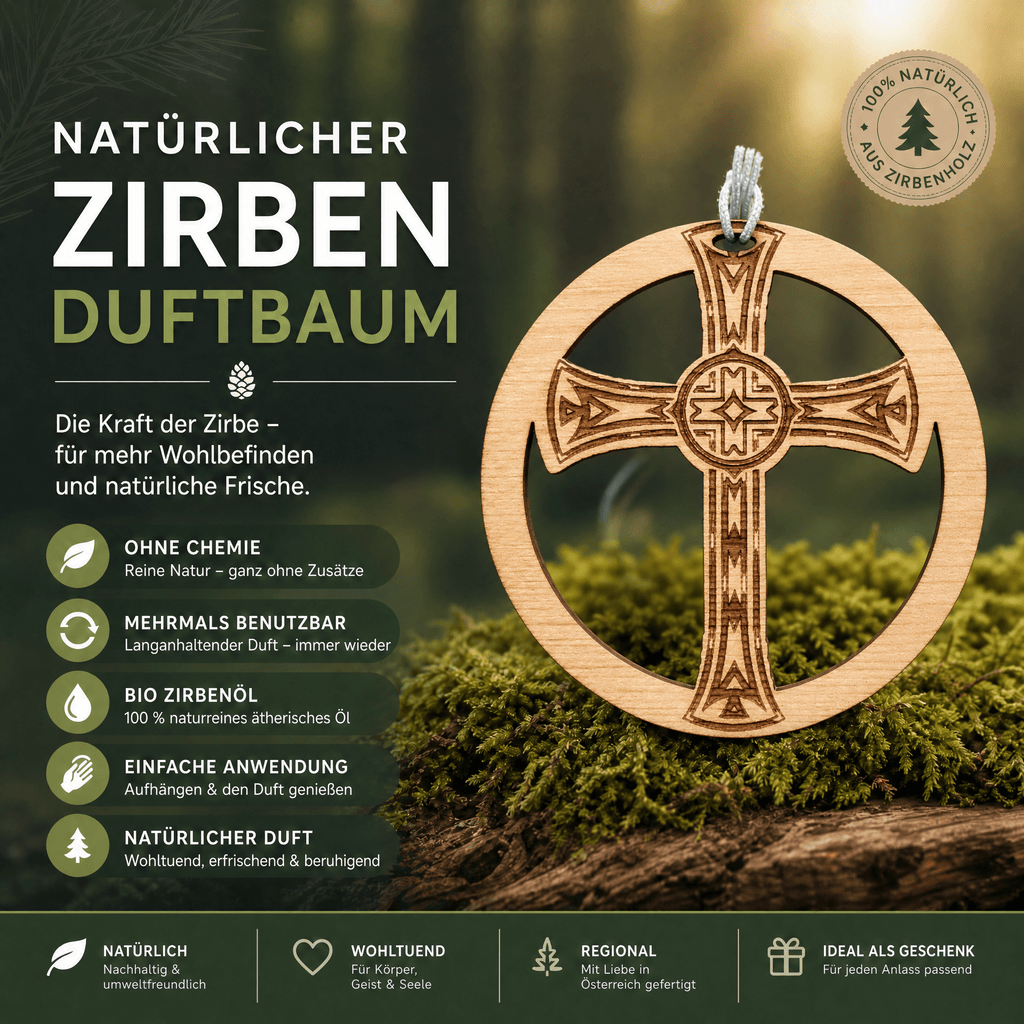 Alpenduft Zirben Duftbaum "KREUZ", Lufterfrischer inkl. 5ml Bio Zirbenspray - Wunderkraft naturals