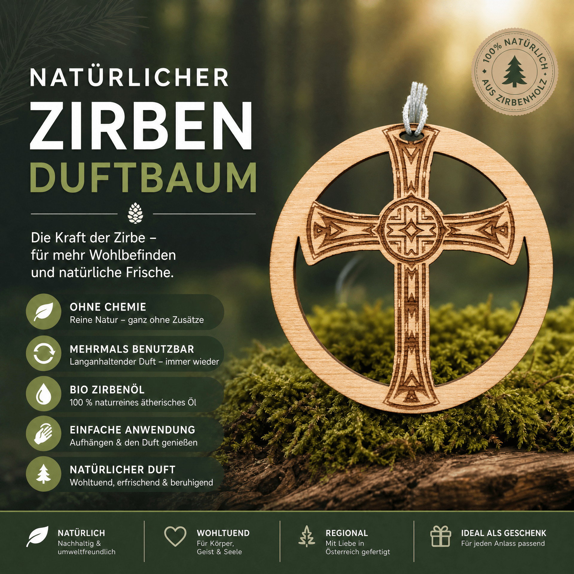 Alpenduft Zirben Duftbaum "KREUZ", Lufterfrischer inkl. 5ml Bio Zirbenspray - Wunderkraft naturals