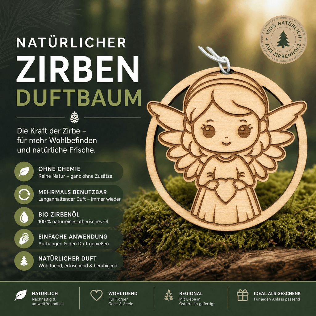 Alpenduft Zirben Duftbaum "SCHUTZENGEL", Lufterfrischer inkl. 5ml Bio Zirbenspray - Wunderkraft naturals