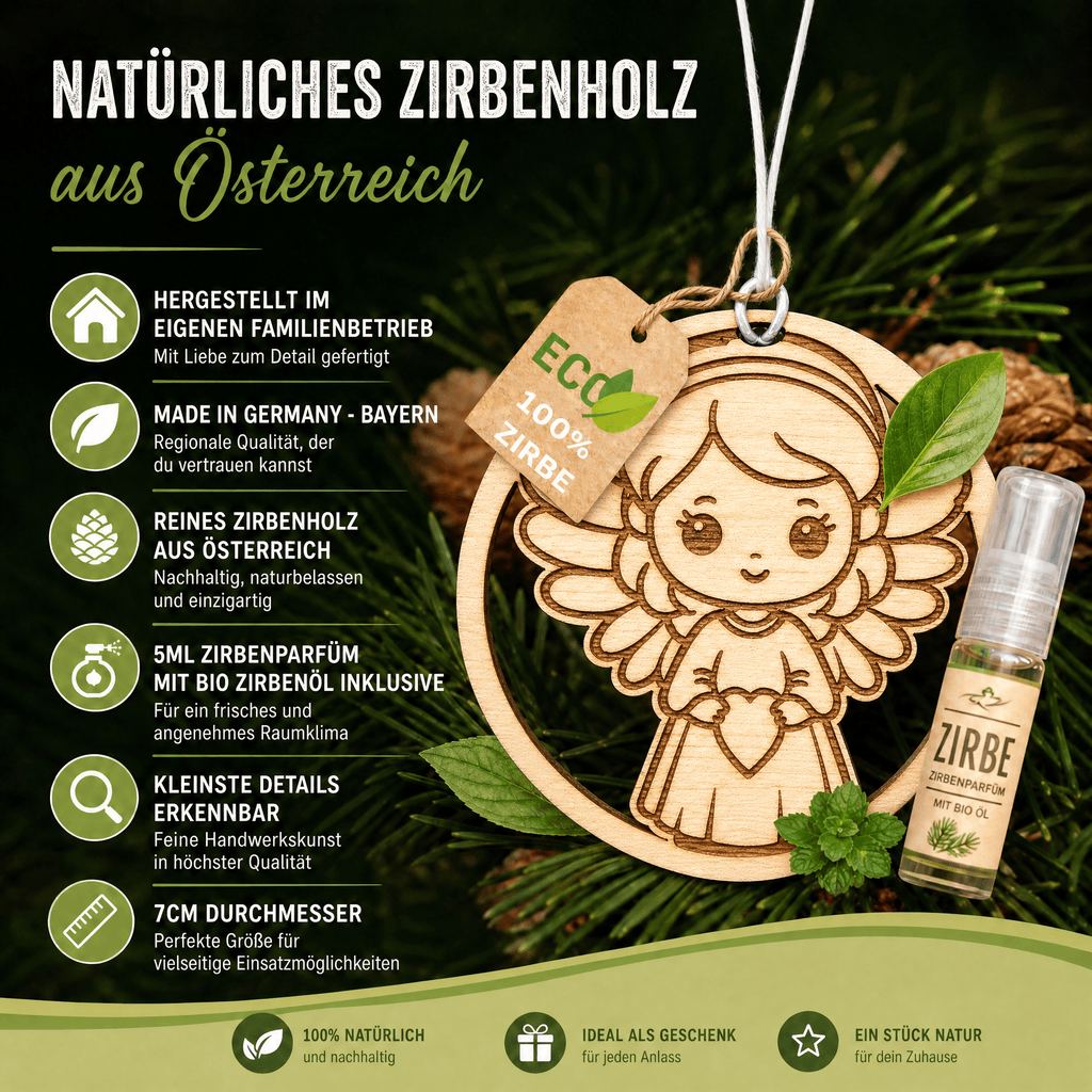 Alpenduft Zirben Duftbaum "SCHUTZENGEL", Lufterfrischer inkl. 5ml Bio Zirbenspray - Wunderkraft naturals