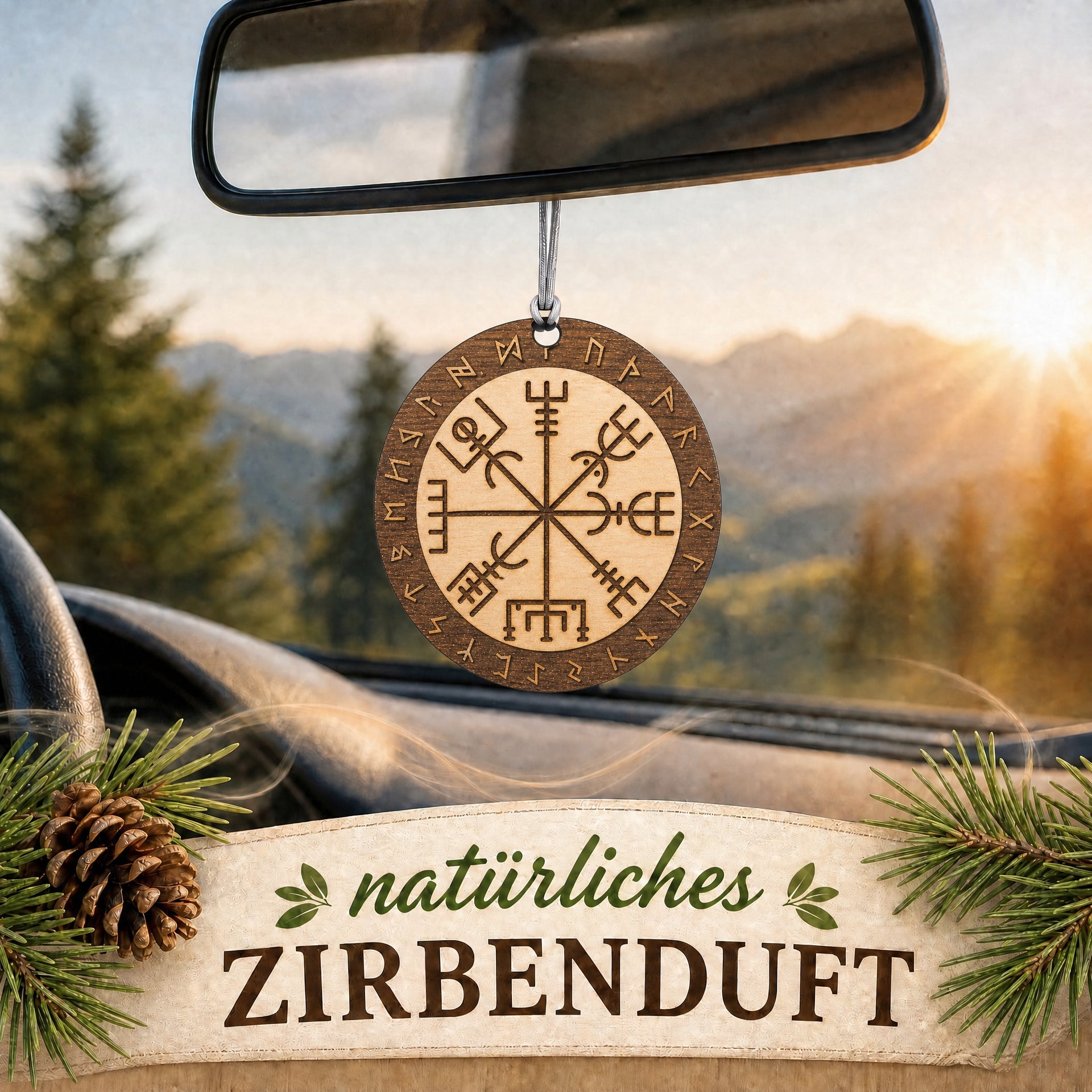 Alpenduft Zirben Duftbaum "Schutzrune", Lufterfrischer inkl. 5ml Bio Zirbenspray - Wk-naturals Wunderkraft Öle