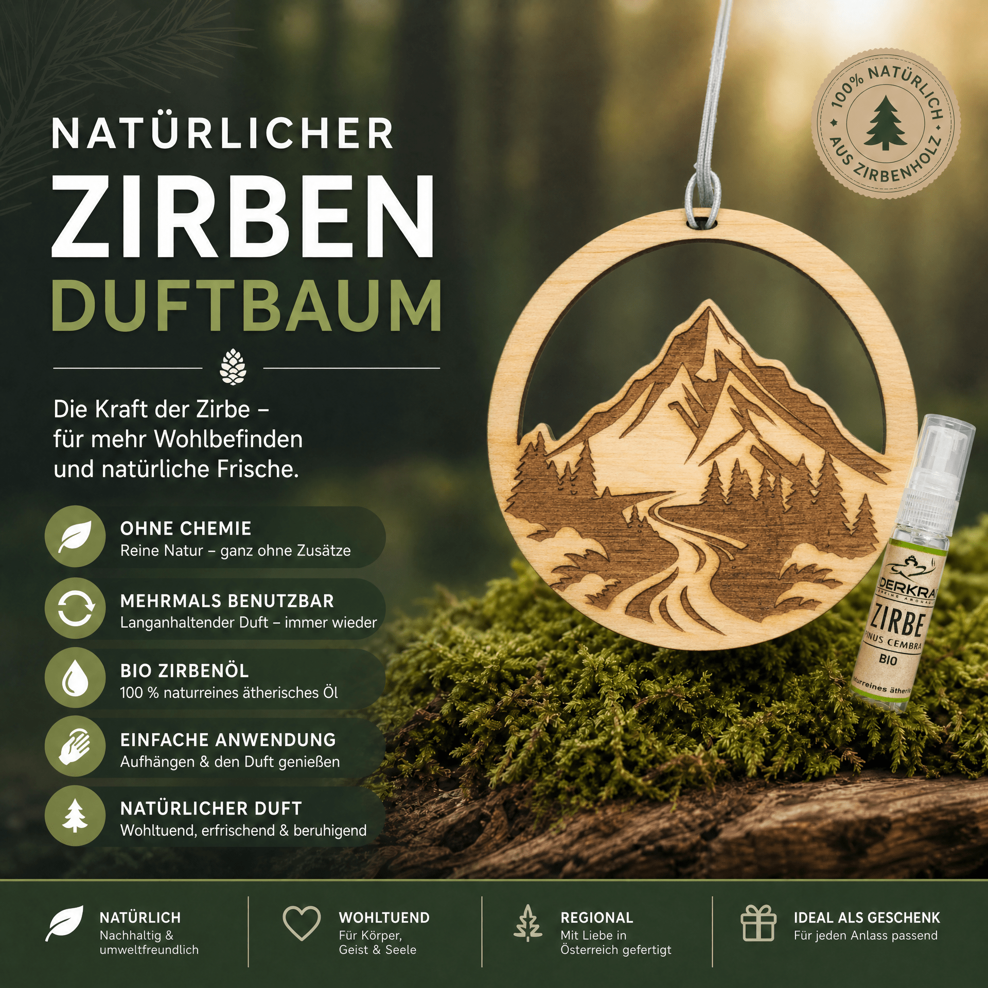 Alpenduft Zirben Duftbaum "WALD", Lufterfrischer inkl. 5ml Bio Zirbenspray - Wunderkraft naturals