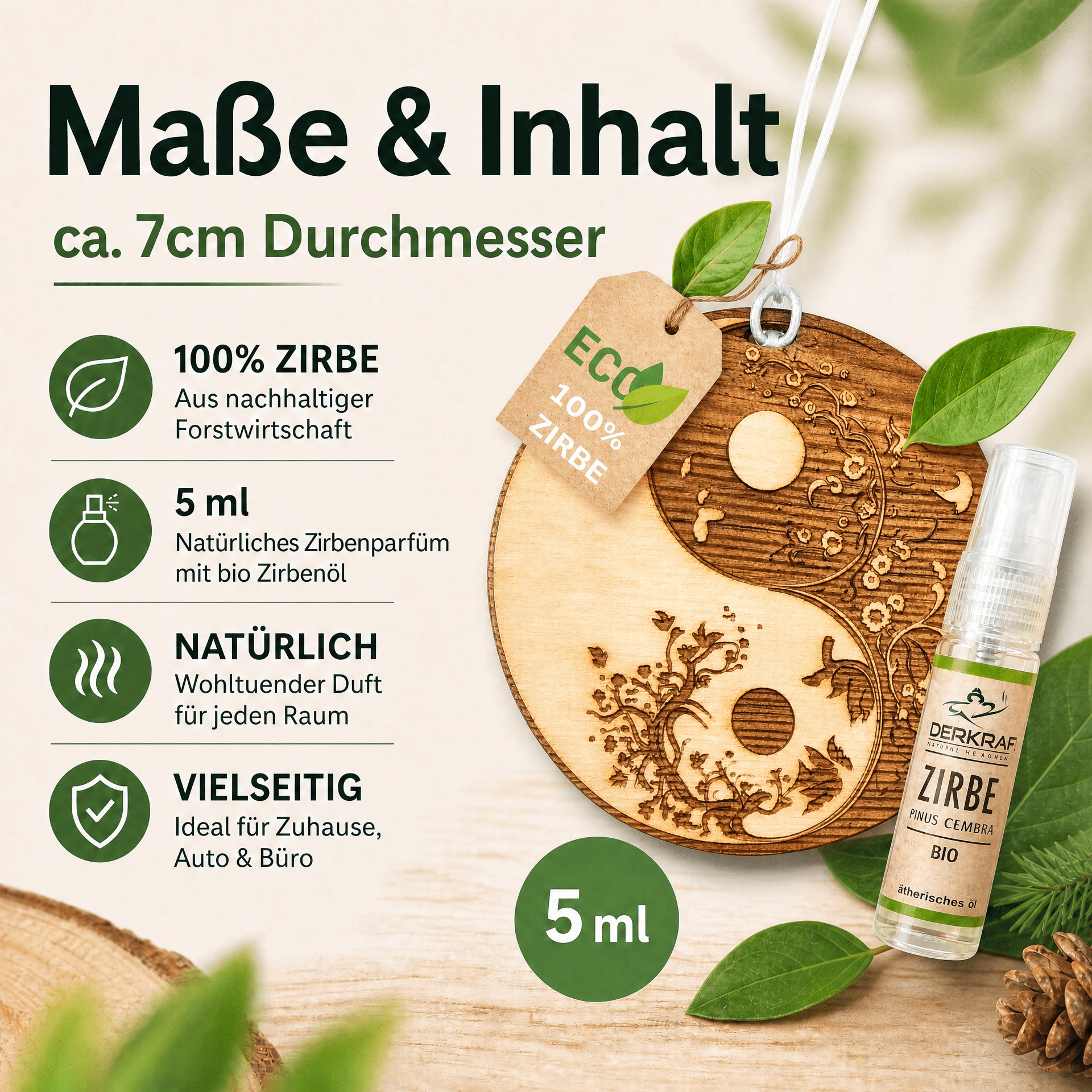 Alpenduft Zirben Duftbaum "YINYANG", Lufterfrischer inkl. 5ml Bio Zirbenspray - Wunderkraft naturals
