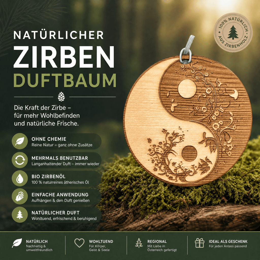 Alpenduft Zirben Duftbaum "YINYANG", Lufterfrischer inkl. 5ml Bio Zirbenspray - Wunderkraft naturals