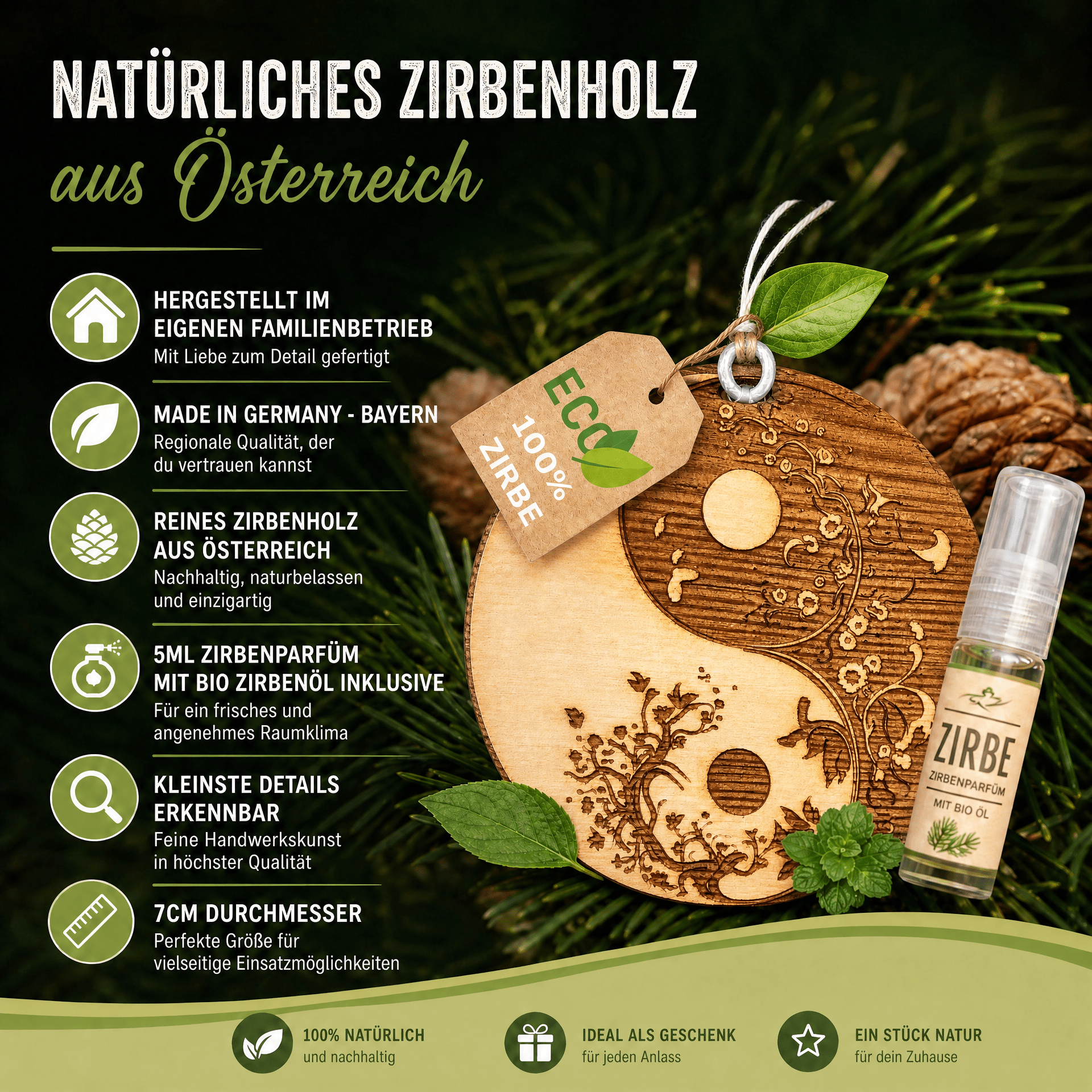 Alpenduft Zirben Duftbaum "YINYANG", Lufterfrischer inkl. 5ml Bio Zirbenspray - Wunderkraft naturals