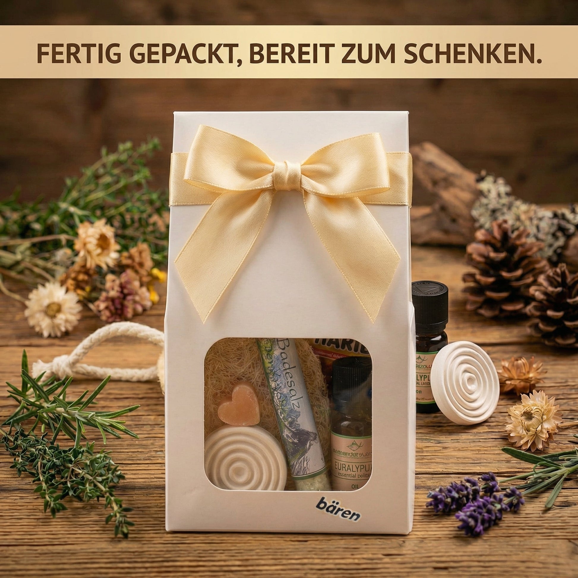 Alpenkräuter Wellness Geschenkset für Frauen – Eukalyptus Spa Set mit Badesalz, Seife, Bio Eukalyptusöl, Duftstein, fertig verpacktes Geschenkset Frauen - Wunderkraft naturals