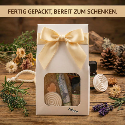 Alpenkräuter Wellness Geschenkset für Frauen – Eukalyptus Spa Set mit Badesalz, Seife, Bio Eukalyptusöl, Duftstein, fertig verpacktes Geschenkset Frauen - Wunderkraft naturals