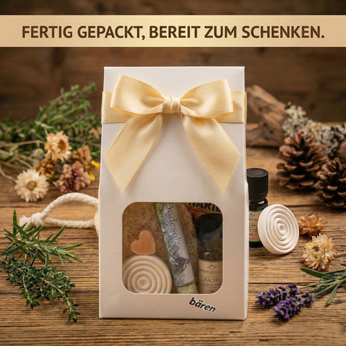 Alpenkräuter Wellness Geschenkset für Frauen – Eukalyptus Spa Set mit Badesalz, Seife, Bio Eukalyptusöl, Duftstein, fertig verpacktes Geschenkset Frauen - Wunderkraft naturals