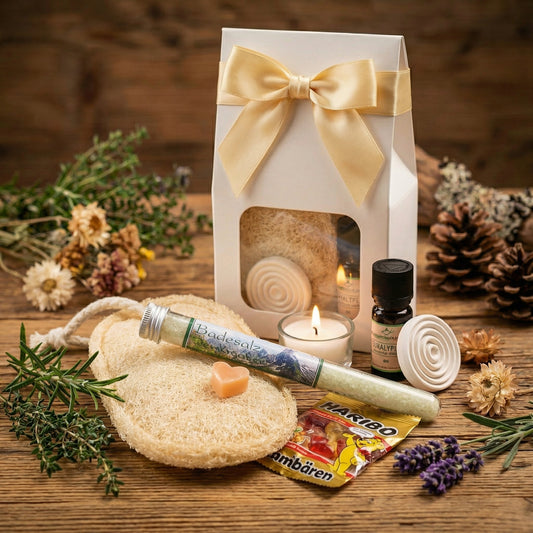 Alpenkräuter Wellness Geschenkset für Frauen – Eukalyptus Spa Set mit Badesalz, Seife, Bio Eukalyptusöl, Duftstein, fertig verpacktes Geschenkset Frauen - Wunderkraft naturals