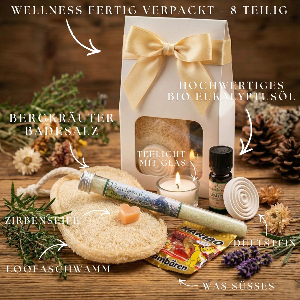 Alpenkräuter Wellness Geschenkset für Frauen – Eukalyptus Spa Set mit Badesalz, Seife, Bio Eukalyptusöl, Duftstein, fertig verpacktes Geschenkset Frauen - Wunderkraft naturals