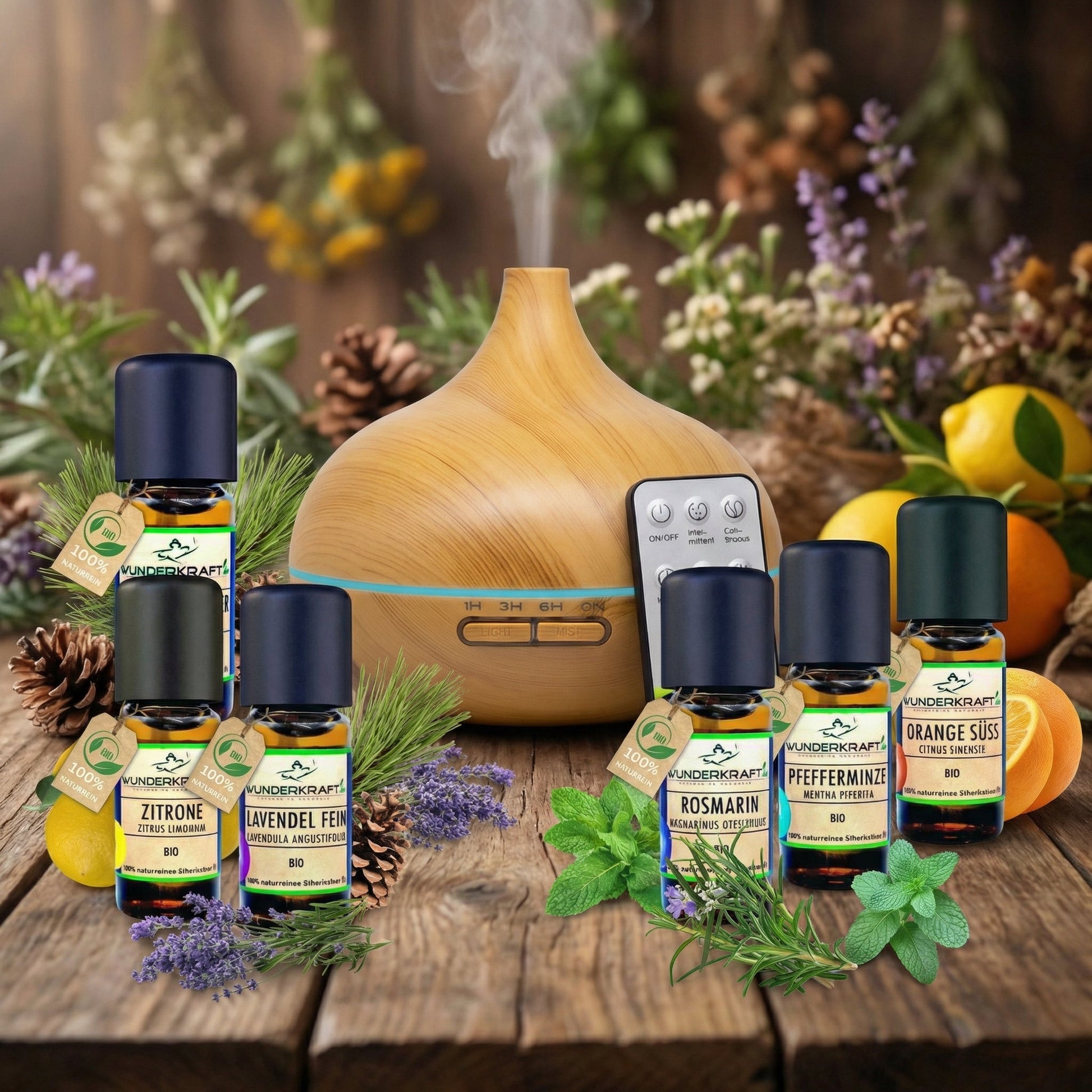 Aromatherapie Starter Set mit 1 Diffuser und 6 ätherischen BIO Ölen - Wunderkraft naturals