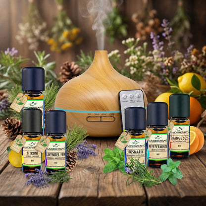 Aromatherapie Starter Set mit 1 Diffuser und 6 ätherischen BIO Ölen - Wunderkraft naturals