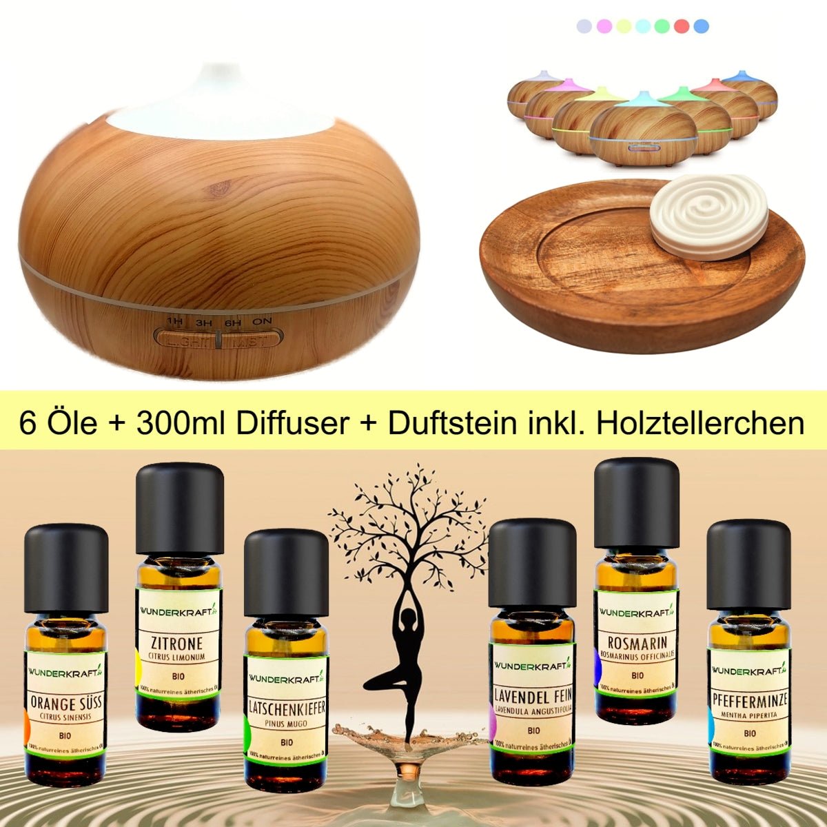 Aromatherapie Starter Set mit 1 Diffuser und 6 ätherischen BIO Ölen - Wunderkraft.bio