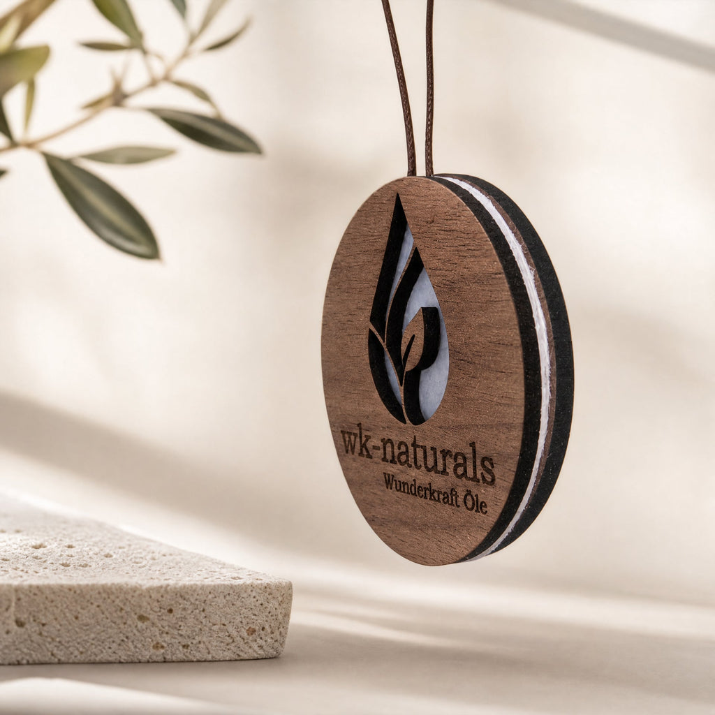 Auto-Duftanhänger aus Holz mit eigenem Logo – personalisiert für Firmen - Wk-naturals Wunderkraft Öle