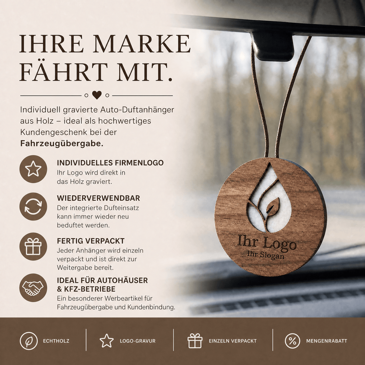 Auto-Duftanhänger aus Holz mit eigenem Logo – personalisiert für Firmen - Wk-naturals Wunderkraft Öle