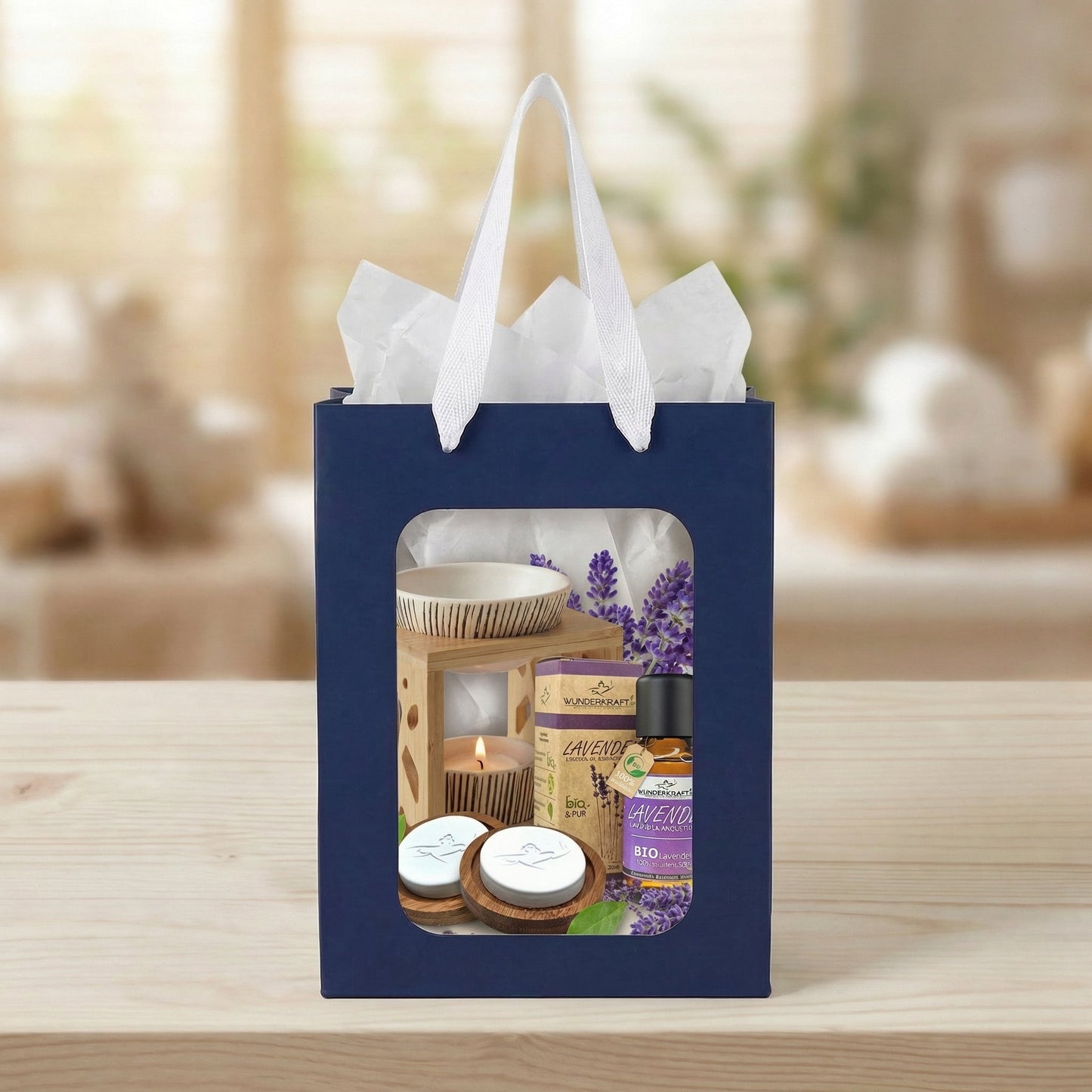 [Bambus Yogaset] Lavendelset mit Bambus Duftlampe, 2 Duftsteinen und Bio Lavendelöl 30ml in schöner Geschenktüte - Wunderkraft naturals