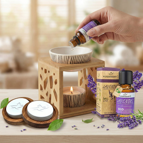 [Bambus Yogaset] Lavendelset mit Bambus Duftlampe, 2 Duftsteinen und Bio Lavendelöl 30ml in schöner Geschenktüte - Wunderkraft naturals