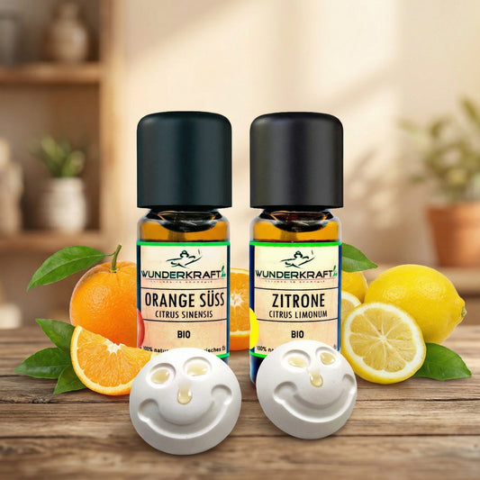 Besser lernen Konzentration "Kids Edition" Zitronenöl + Orangenöl + 2 Duftstein Emoji - Wunderkraft naturals
