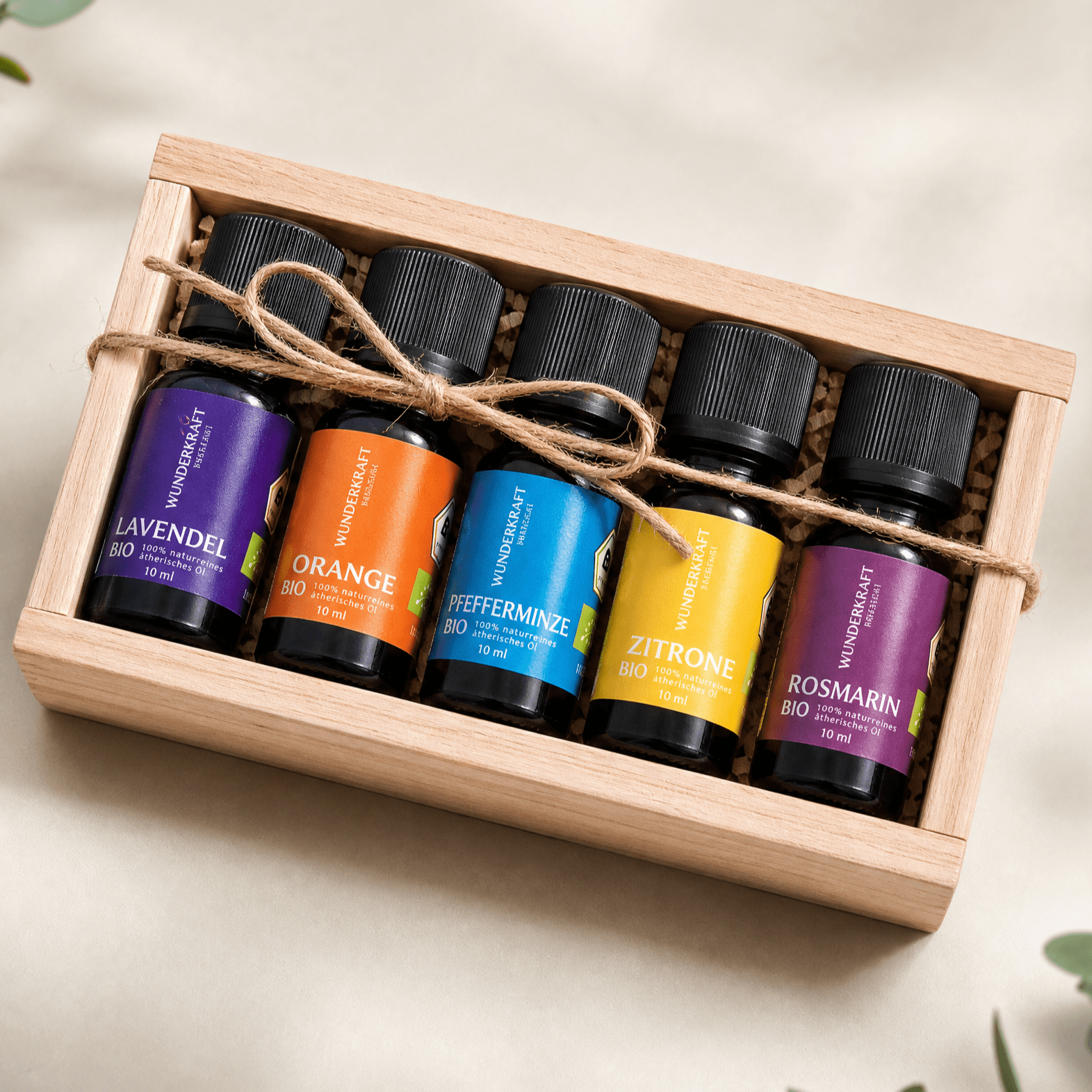 Bio Ätherische Öle Geschenkset in rustikaler Holzbox – 5 natürliche Duftessenzen zum Entspannen, Wohlfühlen & Genießen - Wunderkraft naturals