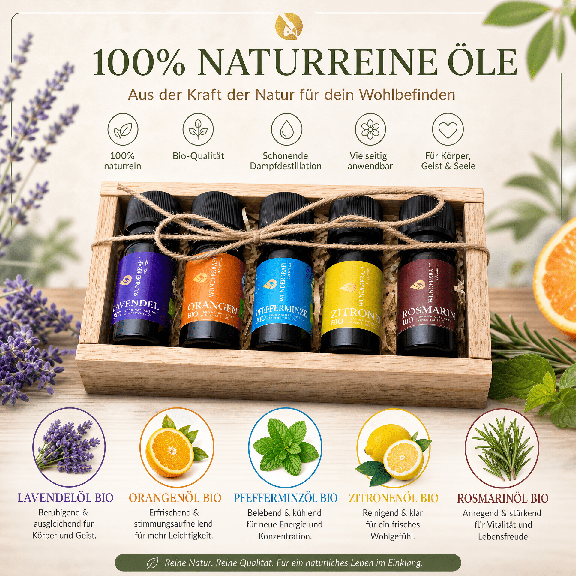 Bio Ätherische Öle Geschenkset in rustikaler Holzbox – 5 natürliche Duftessenzen zum Entspannen, Wohlfühlen & Genießen - Wunderkraft naturals