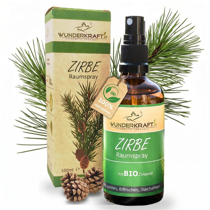 Bio Zirbenspray, 100ml Raumspray und Kissenspray für natürlichen frische Duft - Wunderkraft naturals