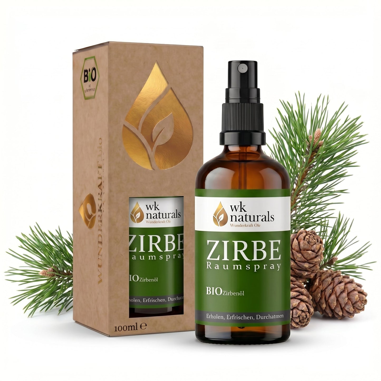 Bio Zirbenspray, 100ml Raumspray und Kissenspray für natürlichen frische Duft - Wunderkraft naturals