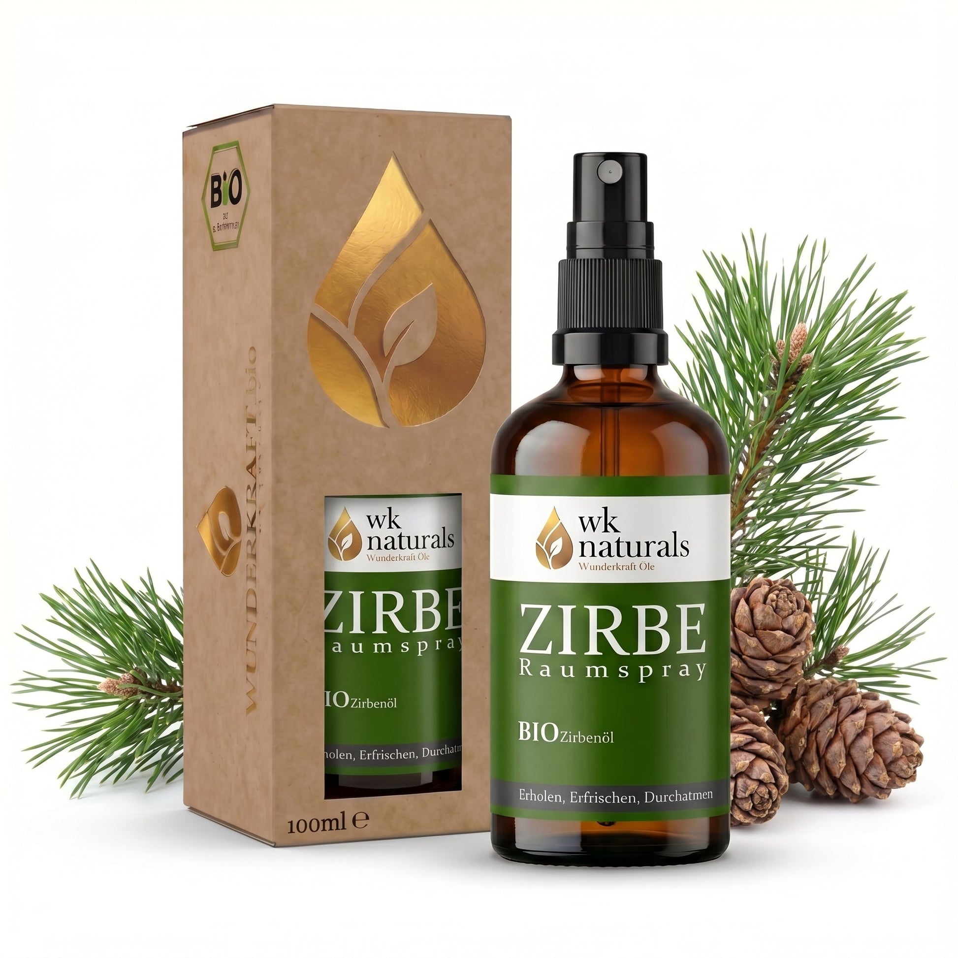 Bio Zirbenspray, 100ml Raumspray und Kissenspray für natürlichen frische Duft - Wunderkraft naturals