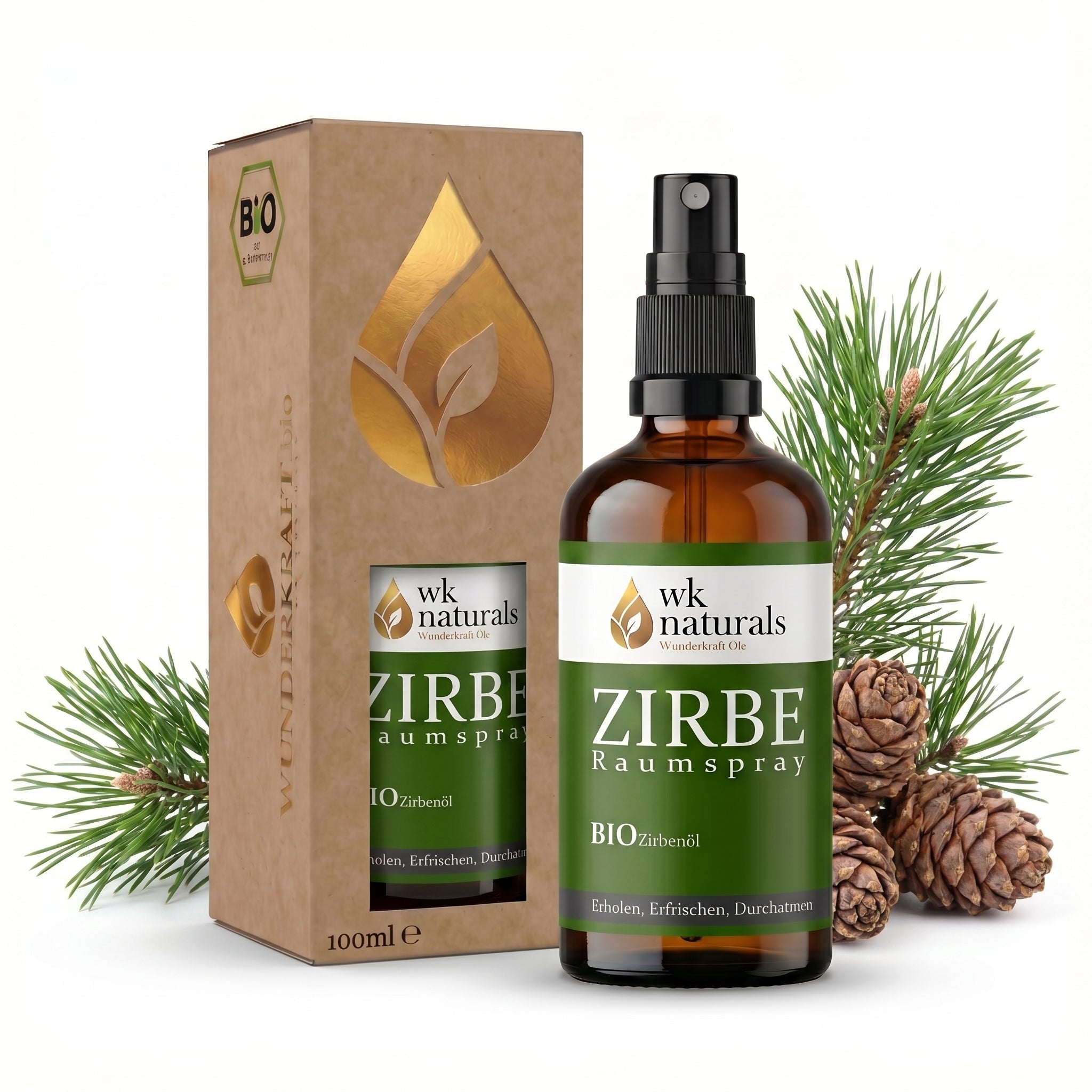 Bio Zirbenspray, 100ml Raumspray und Kissenspray für natürlichen frische Duft - Wunderkraft naturals