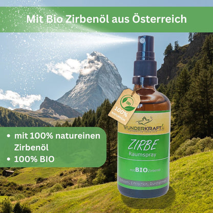 Bio Zirbenspray, 100ml Raumspray und Kissenspray für natürlichen frische Duft - Wunderkraft.bio von Wunderlampe.bio