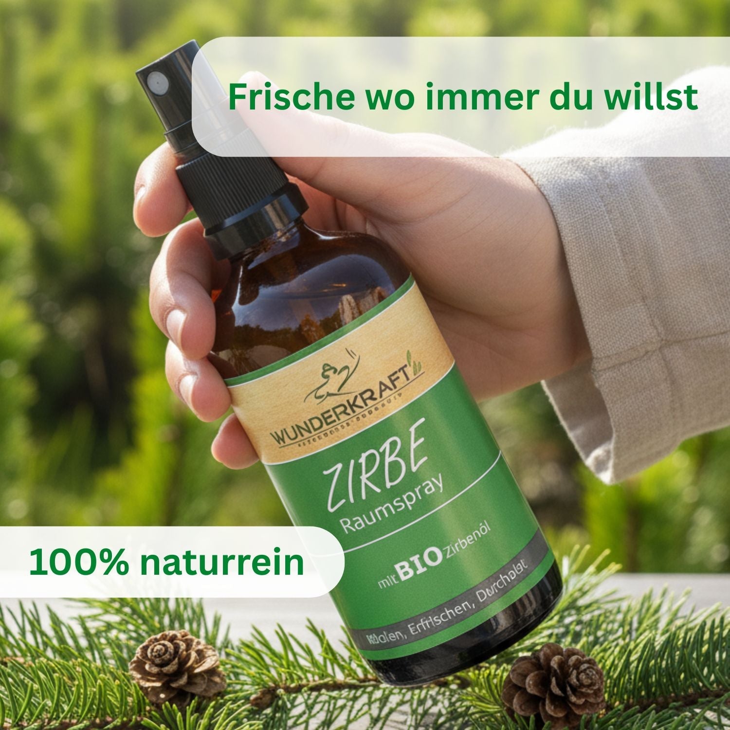 Bio Zirbenspray, 100ml Raumspray und Kissenspray für natürlichen frische Duft - Wunderkraft.bio von Wunderlampe.bio